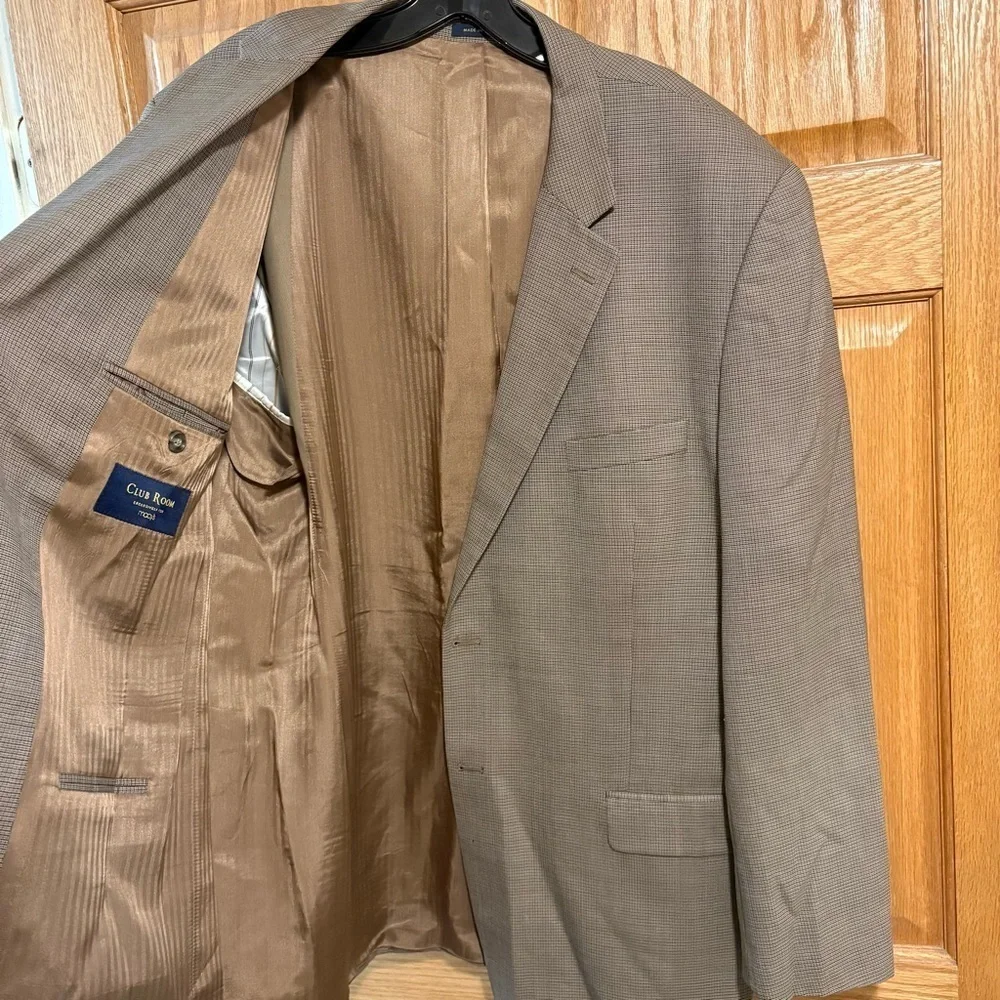 46L Men's Club Room Patterned Blazer Beige Tan 100% Wool 2 Button Sport Coat